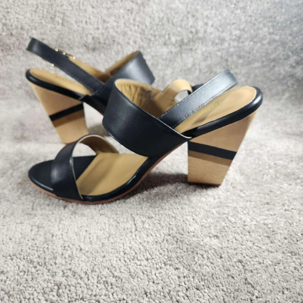 Nina Payne Elena Sandals Black Leather Striped Wood Block Heel Womens 40 (9.5)